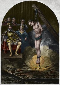 Burning chamber (court) Under King Henry II (1519-1559) in the presence of Catherine de Medicis (Caterina de Medici). Engraving from 1842 in Histoire des popes by Maurice Lachatre. Private collection. by Unknown artist
