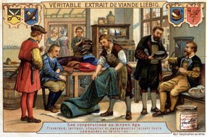 Careers in the Middle Ages: weaver, tailor, hatter and pastermaker ordering the dry cleaner by Unknown artist