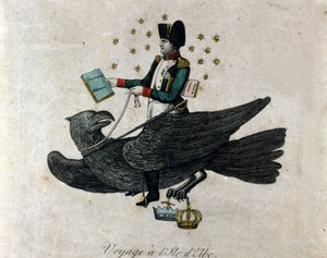 Cartoon about Napoleon about his exile on Elba Island. Napoleon on an eagle holds in his right hand a book entitled Military Conscription. Engraving of the period by Unknown artist