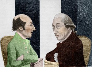 Cartoon by James Hutton (1726 - 1797) on the left and Joseph Black (1728 - 1799) on the right. Engraving early 19th century