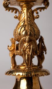 Cathedral treasure (Trésor de la Cathédrale). Reliquary cross. Metalsmithing with jewels. Origin abbey (Saint-Amand Tournai, ex-Elnone). 16th century. (detail)
