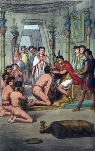 Ceremony in the Inca Capital of Cuzco: Manco Capac confers distinction on the Princes of the Blood by piercing their ears - engraving from Usi e Costumi di Tutti i Popoli dell