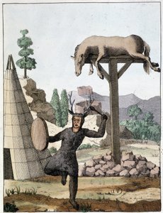 Chaman tonguse dancing in front of a burial (Siberia) - engraving, early 19th century by Unknown artist