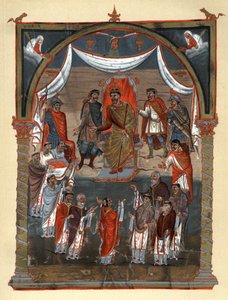 Charles II the Bald (823 - 877), King of France receiving a delegation of monks from Tours. Facsimile in chromolithography of the 19th century after a miniature of the Xth century preserved at the B.N. de Paris