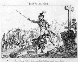 Chief and soldier on foot. Vendean artillery dragged by oxen. Engraving of the 19th century by Unknown artist