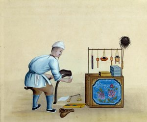 Chinese merchant sharpening scissors to cut silver ingots by Unknown artist