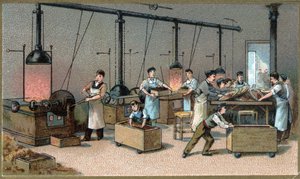 Chocolate making. Cocoa Torrefaction Room. Chromolithography of the late 19th century