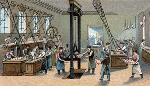 Chocolate manufacturing: molding. Chromolithography of the end of the 19th century