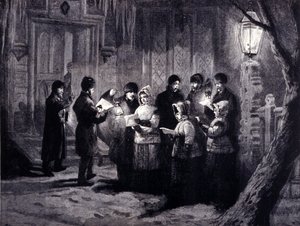Christmas Night in Canada: readings and prayers. 19th century engraving by Unknown artist