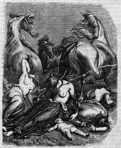 Cimbres War around 120 BC: women, elders and children of the Ambrons tribe throw themselves under enemy horses or die to avoid slavery by the Romans.
