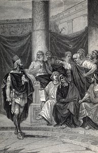 Cineas Important Adviser of King Pyrrhus Trying to Negotiate with the Romans after the Battle of Heraclea 280 BC, Engraving 1884 by Unknown artist