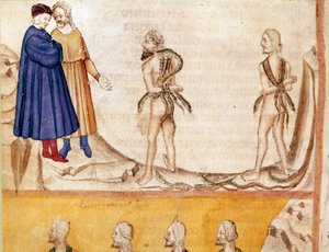 Circle of Thieves: Vanni Fucci predicted to Dante and Virgil the defeat of the White Guelfs. Illuminated page illustrating the 24th song of Hell from the 