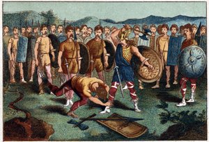 Clovis and the Frankish warrior who broke the Vase of Soissons in 486. Chromolithography of the 19th century