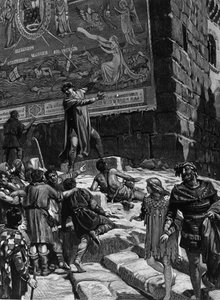 Cola di Rienzo (1314-1354), in the campaign to become a tribune of the Roman people, explains to the people of Rome the frescoes he had installed in the Capitol symbolizing the agony of Rome in a stormy sea surrounded by Troy, Jerusalem, Carthage and Babyl