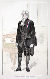 Commissioner of Police during the Revolution. Eau forte en couleurs, for illustration History of the corps des gardiens de la paix book published under the auspices of Louis Lepine, by Alfred Rey and Louis.