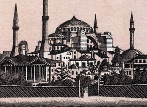 Constantinople, Turkey: View of the Mosque of Saint Sophia (Hagia Sophia). in “The World Illustrates 168 Views” Undated (late 19th century)