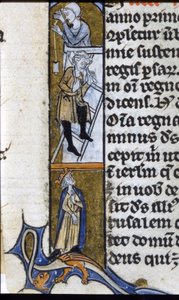 Construction of a monastery: workers and supervising king. Illumination of a manuscript from the middle of the 13th century. Biblioteca Trivulziana. by Unknown artist