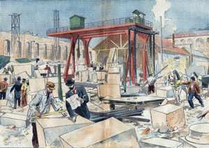 Construction of the Grand Palais, in Paris in 1898, on the occasion of the 1900 Universal Exhibition. In the center, the diamond wheel to cut stones. Illustration in Le Pelerin of July 3 by Unknown artist