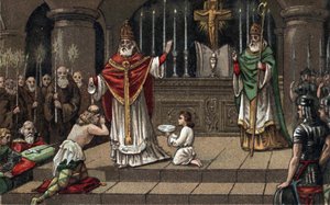 Conversion of Widukind or Witikind before Charlemagne in 785. Chromolithography of the Late 19th Century
