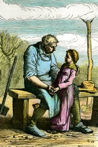Cosette and Jean Valjean. Illustration for the novel Les Miserables by Victor Hugo