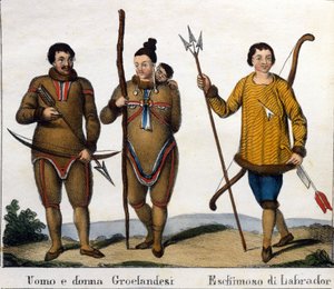 Costume. Couple of Greenland Eskimos with their Child and Labrador Eskimo. Lithograph, early 19th century by Unknown artist