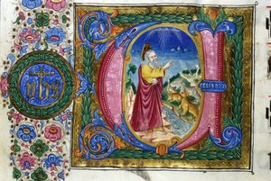 Creation: God before the creatures of the Earth. 15th century manuscript. Bibl. Nazionale Braidense, Milan.