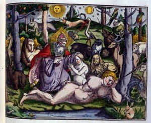 Creation: God represented surrounded by human beings and animals (dog, crane, lion, deer, beaver, monkey, unicorn, wild boar, parrots, rabbit...), according to Historiae animalium by Konrad Gesner by Unknown artist