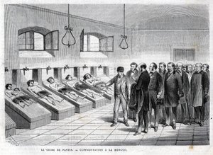Crime of Pantin in October 1869. Confrontation at the morgue. engraving of 1869