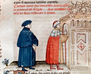Dante and Virgil at the gate of Dite controlled by the furies (song 9 from Hell, in the Divine Comedy) 15th century