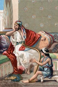 David playing the cithar in front of King Saul to appease him.