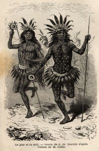 Day and Night, Paintings on the Body of the Dancers of the Religious Ceremony and Atonement, Executed by the Chiefs and His Companions, Among the Mandans Indians. Engraving to Illustrate an Excursion by Unknown artist
