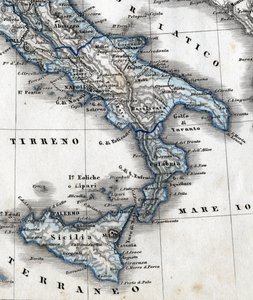 Detail of a geography map representing Southern Italy (Campania, Calabria, Sicily, Puglia, Molise Abruzzo regions). 19th century by Unknown artist