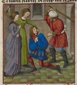 Detail of a miniature showing Honte, Peur and Danger attacking the Lover, from 