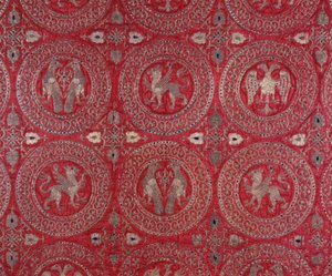 Detail of Ecclesiastic Costume Fabric in Purple Silk from Cyprus Representing Fantastic Animals (13th century)