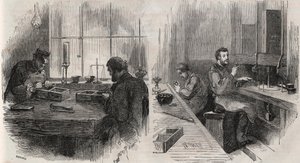 Diamond Cutting in a Workshop in the Netherlands: Splitters and Polishers (Engraving in Le Monde Illustré) by Unknown artist