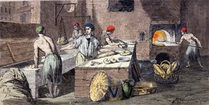 Different activities of bakers: the kneading of bread dough, the preparation of loaves, the baking. Engraving of the 19th century