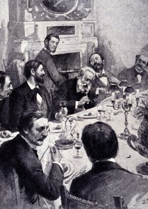 Dining at the table by Victor Hugo with Jean Mounet-Sully (1841 - 1916), French actor. Engraving of the 19th century by Unknown artist