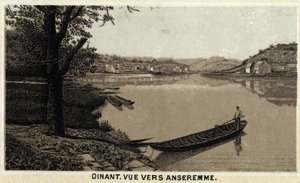 Dinner, view towards Anseremme, and river Lesse, Walloon Region of Belgium. Chromolithography of the late 19th century by Unknown artist