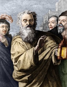 Diogenes (cynic philosopher) and his lantern, with which he searched for an honest man. 19th century engraving