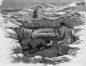 Discovered the colossal statue of Ramses II. Hieroglyphs are calculated using a mirror reflection. Engraving from 1886