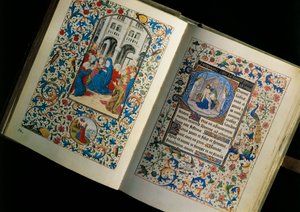 Double page of an open manuscript (book): the descent of the Holy Spirit. Miniature after the Breviary of Mary of Burgundy by Unknown artist