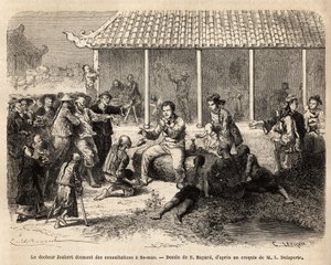 Dr. Joubert giving consultations in Se-Mao (China), engraving illustrating a voyage by Unknown artist