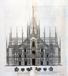 Drawing of the facade of the Duomo of Milan showing its uniformity with the body of the building. Many architectural projects were designed around the 17th century to complete the facade that had remained unfinished.
