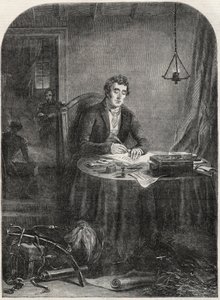 Duke of Wellington writing dispatch after Waterloo, June 19 1815 (engraving 1852)