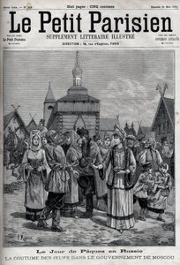 Easter Day in Russia: the custom of eggs in the Moscow government. Braces of the inhabitants offering red eggs to celebrate the resurrection of Christ. Engraving in 