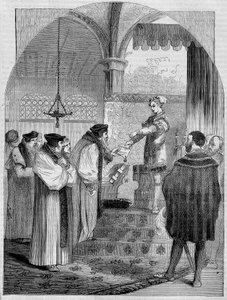 Edward VI, King of England, presenting the certificate of Joan Bocher to Archbishop Cranmer