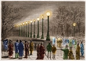 Electric lighting: floor lamps from Victoria quay in London, Great Britain. Engraving in 
