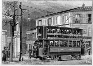 Electric tramways from Paris to Aubervilliers: view of an air trolley car outside Paris. Engraving in La Nature: revue des sciences et de leurs applications aux arts et a l