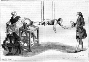 Electricity experiment in the 18th century: a young abbe rotates an electric machine formed of a sulfur sphere. A woman presses her hand on the sphere and through friction develops a fluid. A young man hung by ropes makes the spark spring at the end of his