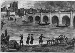 Electricity experiment performed by William Watson, English physicist, on the banks of the Thames in the 18th century. Engraving in 